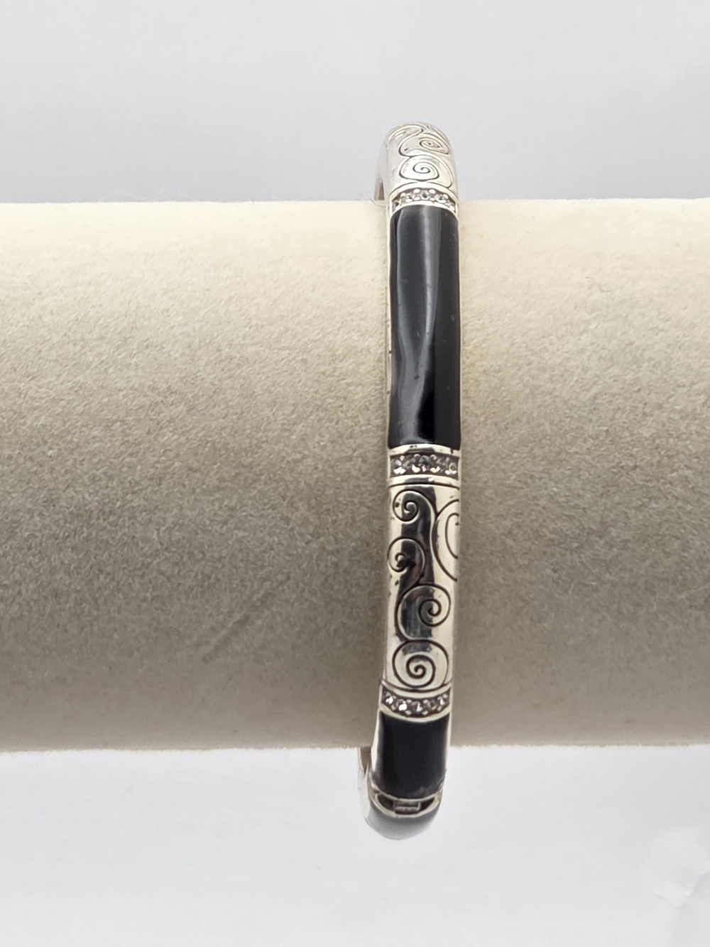 Brighton Black Enamel Rhinestone Hinged Bangle Bracelet